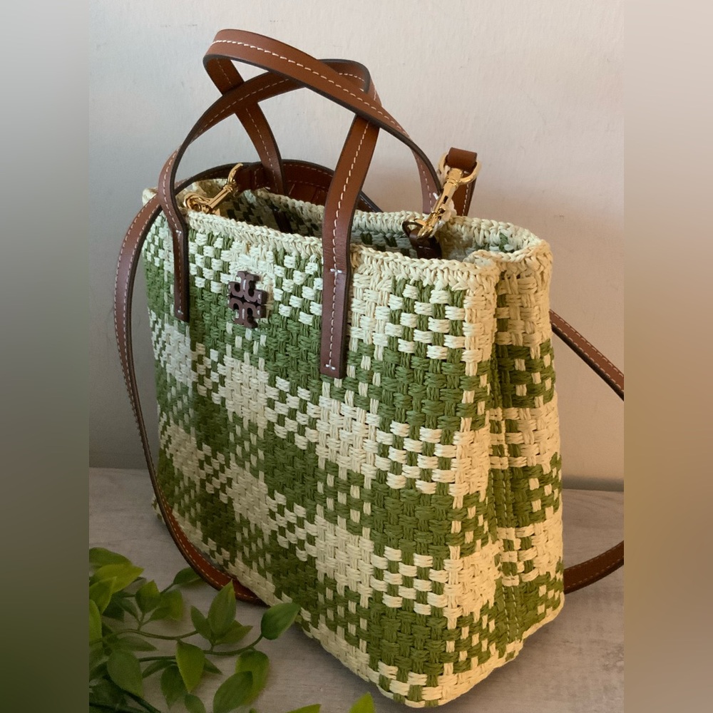 NWT TORY BURCH BLAKE STRAW TOTE/CROSSBODY BAG SAGE & CREAM